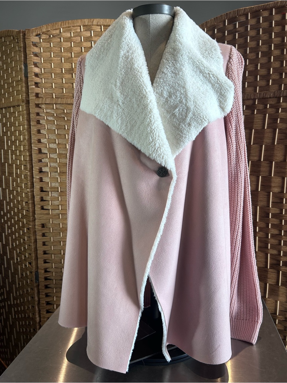 Blush Pink Faux Shearling Shawl Collar Longline Knit Cardigan L